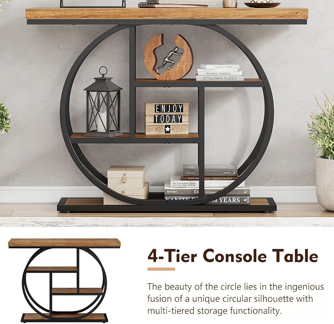 41.3" Console Table, Modern Sofa Table with Circle Base, 4-Tier Narrow Entryway Table for Hallway, Slim Industrial Accent Table with Storage Shelves for Living Room, Rustic Brown