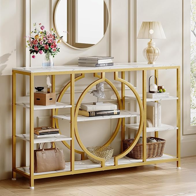 GiftGo 47" Industrial Console Tables for Entryway Rustic Sofa Table Behind Couch 4 Tier Wooden Shelves Entry Table with Storage for Foyer, Hallway, Front Door,Living Room (White Gold, 47")