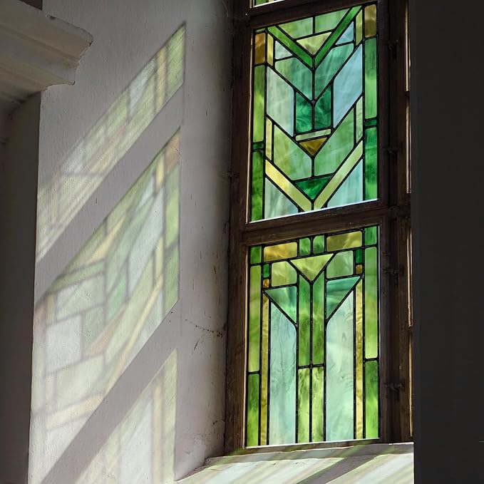 Faux Stained Glass Effect Transparent Window Film, Original Hand Drawn Static Cling Home Decal Inspired by Frank Lloyd Wright, 16.93" x84.65" Martin House, Green