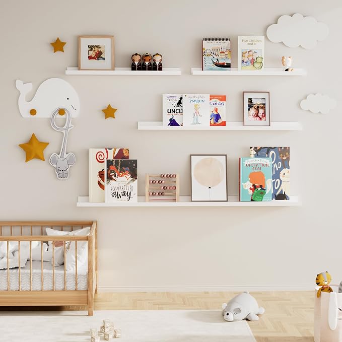 Floating Picture Ledge Shelves Set of 2, 16 Inch Solid Wood Wall Shelves with Lip, Large Nursery Book Shelf for Toys Storage, Kids Bookshelf, Living Room, Bedroom Decor Frames, White Color