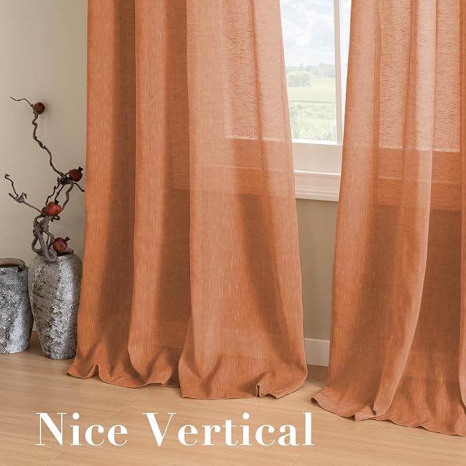 H.VERSAILTEX Linen Curtains Natural Linen Blended Curtain Panels for Living Room/Light Reducing Linen Semi Sheer Curtains 2 Panels Set Nickel Grommet Window Panels (52x84 Inch, Orange)