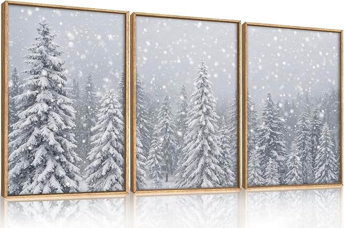 Snowy Christmas Tree Natural Woodland Framed Canvas Wall Art Set,Modern Rustic Winter Snow Covered Pine Forest Wall Decor,Wilderness Frosty Landscape Artwork for Xmas Room,Farmhouse- 16"x24"x3