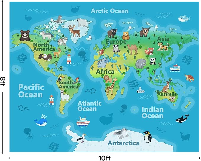 Kids Playroom Rug, 8x10ft World Map Rugs with Cute Animals, Washable Durable Soft Carpet Kid Educational Rugs for Boys Girls Bedroom Nursery Classroom