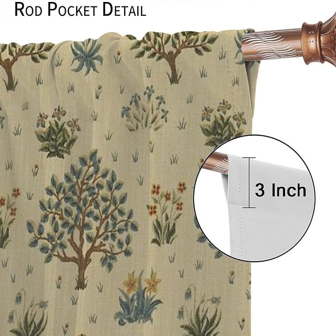 Rustic William Morris Curtains, Watercolor Vintage Flower Tree Plant Art Style Blackout Window Treatments Drapes, for Living Room Bedroom Kitchen 27.5(W)*63(L) 2 Panels