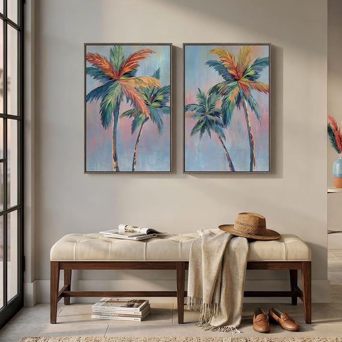 Framed Coastal Colorful Palm Tree Wall Art Bedroom, Set of 2 Tropical Beach Canvas Artwork for Walls, Pop Art Paintings Prints for Dining Room Living Room Hallway Wall Decor Above Bed, 16x24 Inch