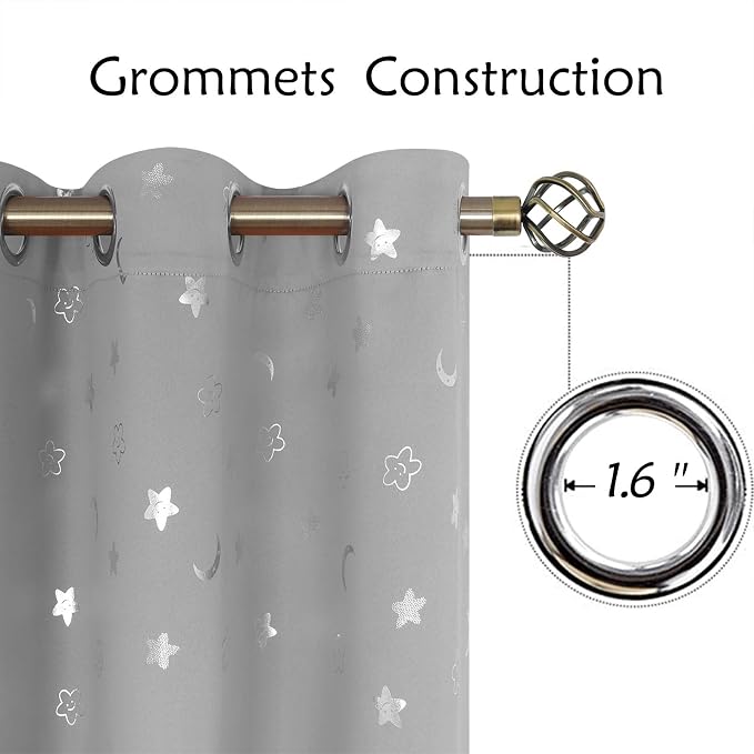 BGment Nursery Curtains for Kids Room, Star and Moon Blackout Curtains for Girls Boys Bedroom, Room Darkening Thermal Insulated Decoration Window Grommet Curtains, 2 Panels of 42 x 72 Inch, Light Grey