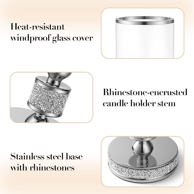 Hurricane Candle Holder, 15.9" Tall Metal Candle Stand, Glass Pillar Candle Holders Crystal Silver Decorative Centerpieces for Table, Wedding and Dining Room (Fits Candles up to 3"x5", 3pcs, S+M+L)