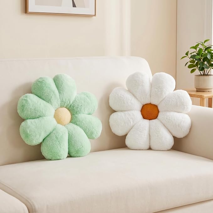 2pcs Flower Pillow, Green White Daisy Flower Throw Pillows Set, Cute Preppy Room Decor Aesthetic Decorative Throw Pillows Floor Cushions for Girls Bedroom Bed Sofa Chair Decor (Green & White)