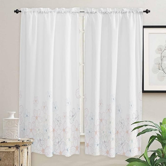 Kitchen Tier Curtains 72 inches Long, Line Cherry Blossom Design Simple Flower Window Curtains for Living Room Bath Cafe,Rod Pocket Light Filtering Drapes Short Half Window Treatment Tiers 2 Panels