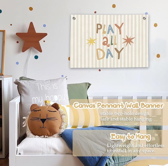 RTXLEZM Playroom Wall Decor,Play All Day Canvas Banner Hanging | Neutral Striped Play Room Wall Art for Kids Little Toddler Boy Girl Nursery Room Bedroom Playroom Classroom Decor 20x30