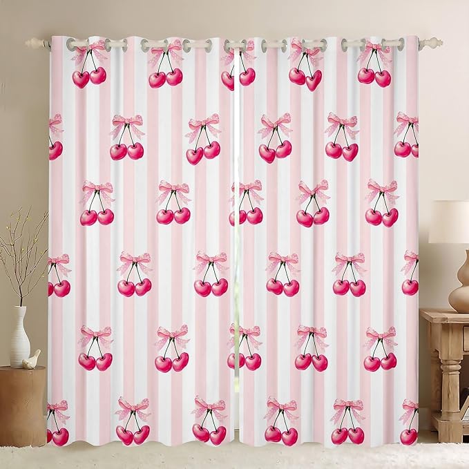 Feelyou Pink Girls Bow Curtains for Bedroom Living Room (2 Panels, 52 x 63 Inch) Kawaii Cherry Prints Darkening Dreapes Boys Teens Decor Bow Blackout Curtains Cute Bowknot Window Treatments