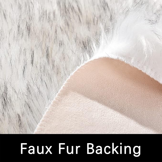 Latepis Small Circle Rug Round Rug 4ft Faux Sheepskin Fur Rug White with Grey Tips Machine Washable Area Rugs for Living Room Furry Shag Rug for Bedroom Floor Home Decor