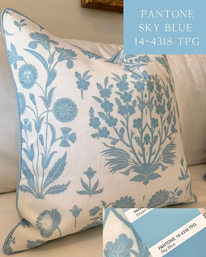 Jillien Harbor “The Charlotte” Bright Sky Blue Floral Block Print Pillow Cover – Off-White Decorative Throw Pillow Cover – Grandmillennial Home Decor, 20" x 20"