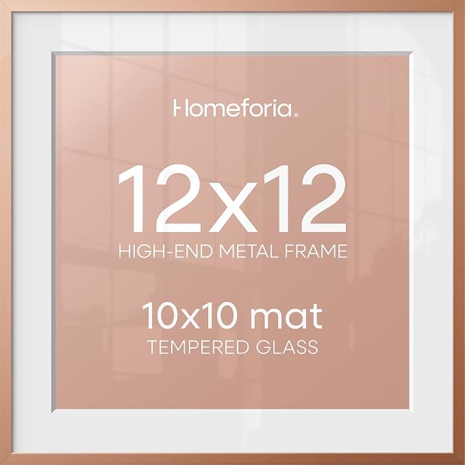 Homeforia 12x12 Picture Frame Rose Gold, High End Metal 12 x 12 Square Poster Frame with Mat 10 x 10 Photo, 12x12 Frame Matted to 10x10 Print, 12by12 Hanging Frames, Tempered Glass, Wall Kit, Set of 1