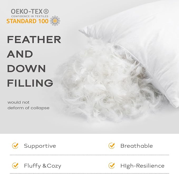 SAVORI Set of 2 Down and Feather Throw Pillow Inserts 24x24 Soft Fluffy Pillow Inserts with 100% Down-Proof Cotton Cover, Decorative Square Cushion Inner for Sofa Couch Bed-White