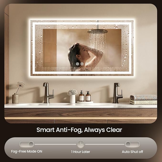 55X30 LED Bathroom Mirror with Lights, Anti-Fog, Backlit + Front Lit, Lighted Bathroom Vanity Mirror for Wall, Memory Function, Dimmable, Tempered Glass, Shatter-Proof