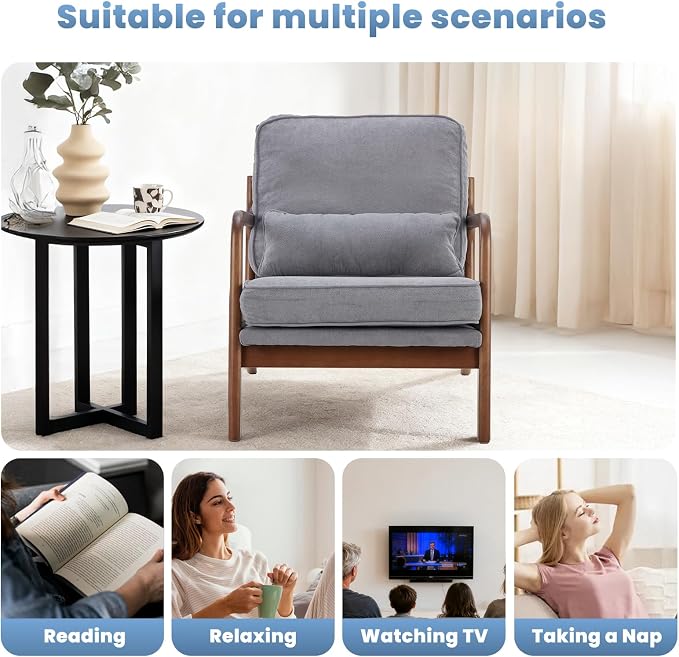 DUMOS Mid Century Modern Accent Chair, Armchair with Lumbar Pillow and Waist Cushion, Solid Wood Frame Lounge Chair for Living Room, Bedroom, Reading Nook, Small Apartment Corner, Classic Grey