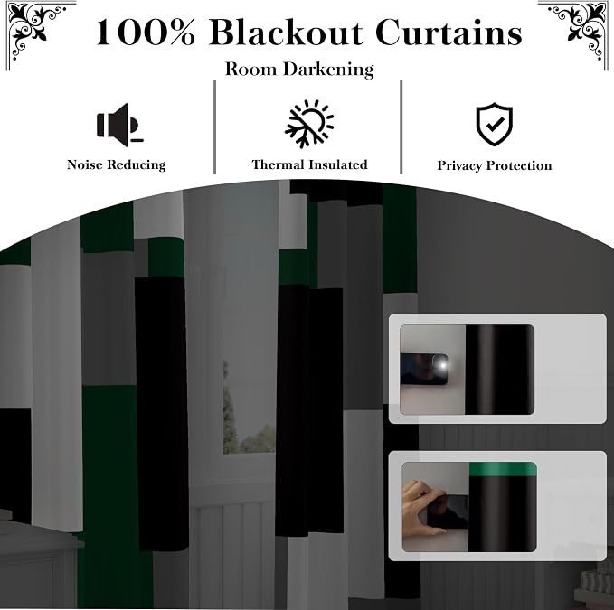 Tyrot Green 100% Blackout Curtains for Bedroom 84 inch Length 2 Panels Set White Grey Modern Abstract Geometric Black Out Curtains Insulated Room Darkening Window Drapes for Living Room, 42Wx84L
