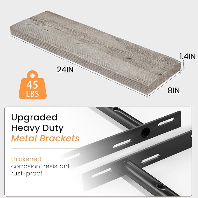 Fun Memories 24 Inch Reclaimed Wood Floating Shelves for Wall, 8 Inch Deep Heavy Duty Rustic Farmhouse Wall Mounted Shelf with Invisible Bracket for Bathroom, Kitchen & Bedroom, Grey