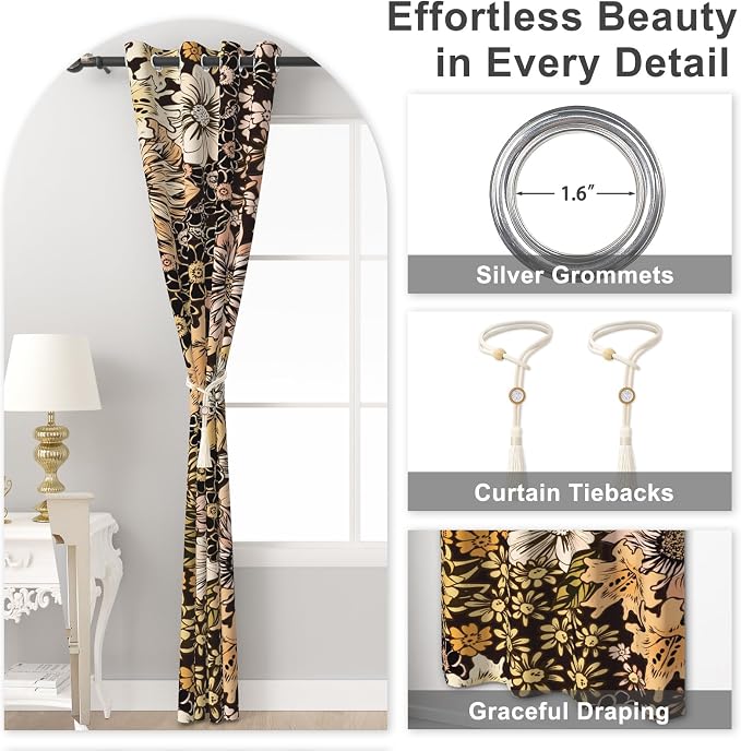 Boho Floral Blackout Curtains for Bedroom with Curtain Tiebacks, 84 Inch Long Black Out Window Drapes 2 Panels Set, Farmhouse Patterned Thermal Soundproof Privacy Grommet Living Room Curtains