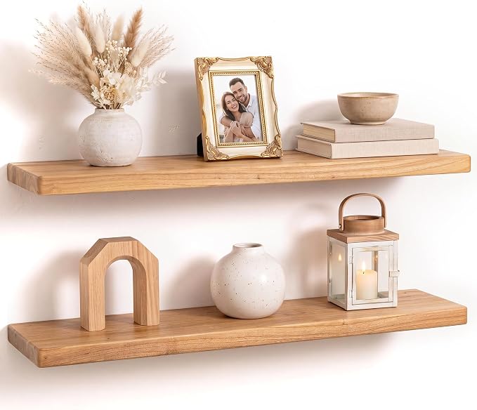 Fun Memories 32 Inch Floating Shelf, 8 Inch Deep Rounded Edge Reclaimed Elm Wood Wall Shelf with Hidden Bracket, Modern Wood Shelf for Kitchen, Bedroom & Office
