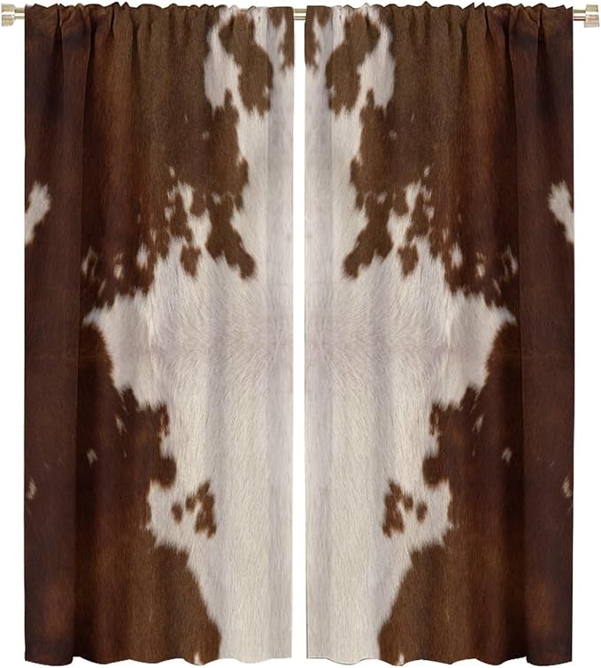 Cow Print Blackout Curtain, Animal Fur Brown Cowhide Western Farm Style Window Treatments Rod Pocket Curtain for Bedroom Living Room Kitchen Decor Drapes 42x54in