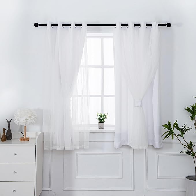 INLINAS Greyish White Blackout Curtains with Sheer Overlay - Grommet Top Thermal and Noise Reduction Panels for Bedroom and Living Room Light Blocking and Energy Saving, 52 x 63 Inches, Set of 2