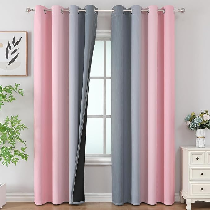 Pink and Grey Blackout Curtains 84 inch Length,Ombre Full Room Darkening Window Curtains for Living Room,Grommet Thermal Insulated Drapes,Light Blocking Curtains for Girls Bedroom,52x84 Inch, 2 Panels