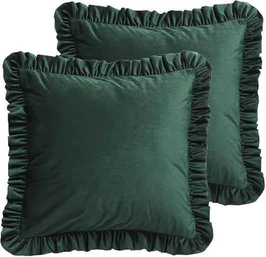 ISAENNE Vintage Dark Green Square Throw Pillow Covers 22"x22" Set of 2, Solid Color Farmhouse Velvet Decoration Pillow Cover with Ruffles,Throw Pillow Case for Couch Sofa Bed Living Room Car