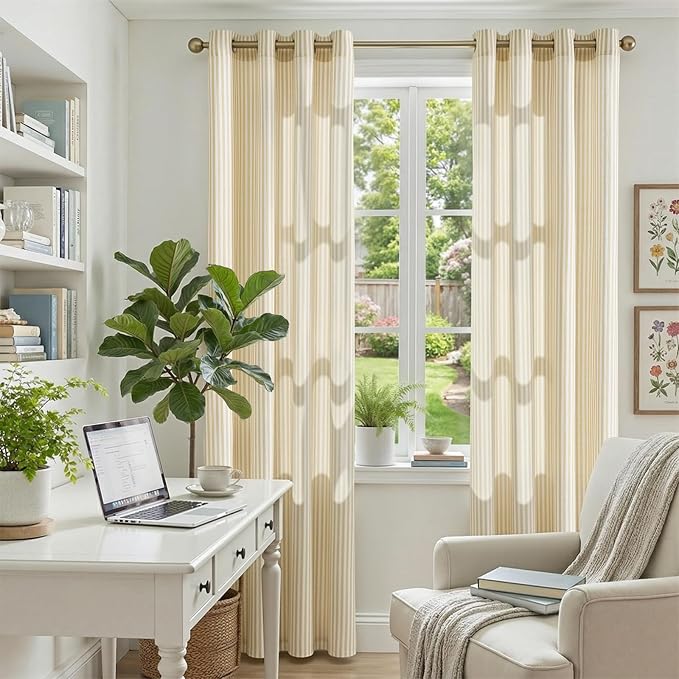 jinchan Linen Curtains 84 inch Yellow Stripe on White Grommet 2 Panels | Curtains for Living Room Bedroom,Ticking Vertical Stripe Pattern,Modern Farmhouse Drapes, Window Treatment,Light Filtering