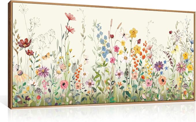 Large Watercolor Colorful Wildflower Framed Canvas Wall Art Set,Modern Natural Floral Botanical Wall Decor,Vibrant Flower Butterfly Landscape Artwork for Living Room, Bedroom,Office- 40"x20"x3