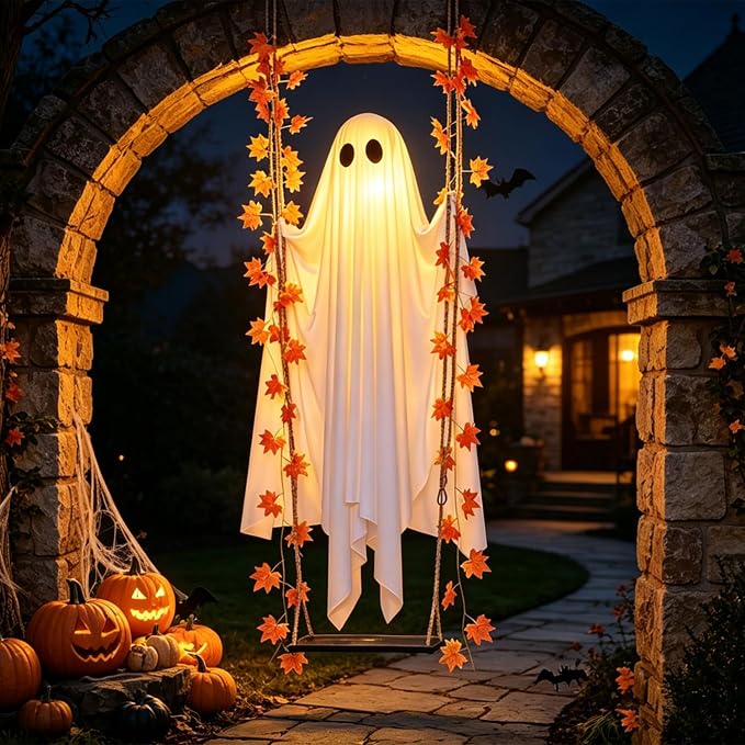 Hanging Swinging Ghost Halloween Decor - Outdoor Halloween Decorations with Ghost on A Swing for Outside Garden Yard Porch Tree, 4.4 FT Large Spooky Cute Ghosts with String Lights for Indoor Party