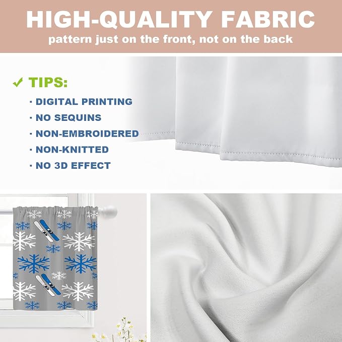 Shrahala Snowflakes Skis Blackout Curtain Tiers, Winter Sports Themed Pattern Kitchen Valance Light Blocking Tier Drapes with Rod Pocket, 2 Pack 26 X 24 in