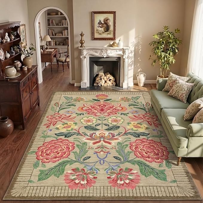 GarveeHome Floral Botanical Washable Rugs 5x7 Area Rug for Living Room, Camel Taupe Brown Vintage Boho Cottage Throw Rugs Low Pile Carpet for Bedroom Dining Nursery Rug