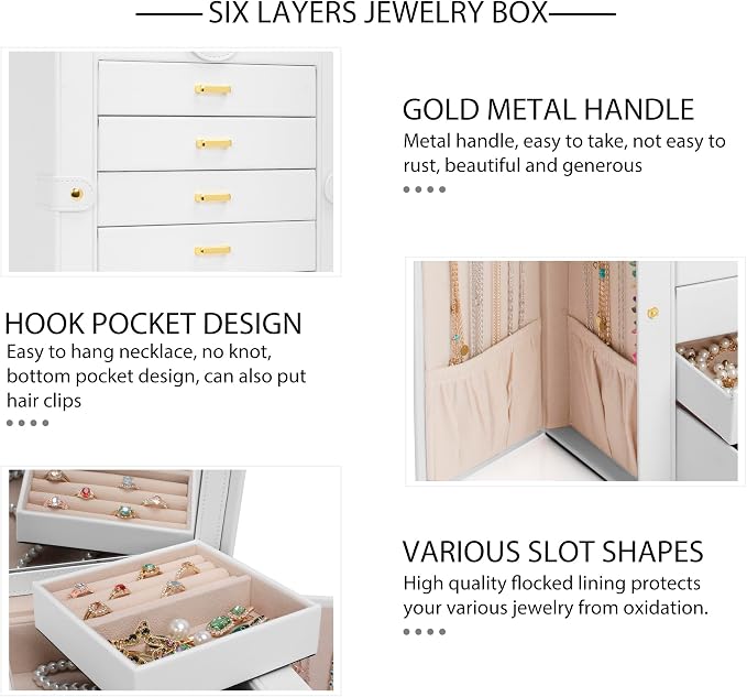 AKOZLIN 6-Tier Jewelry Box Organizer Functional 5 Drawers Leather Jewelry Storage Case for Women Girls Ring Necklace Earring Bracelet Holder Organizer with Mirror White Regular