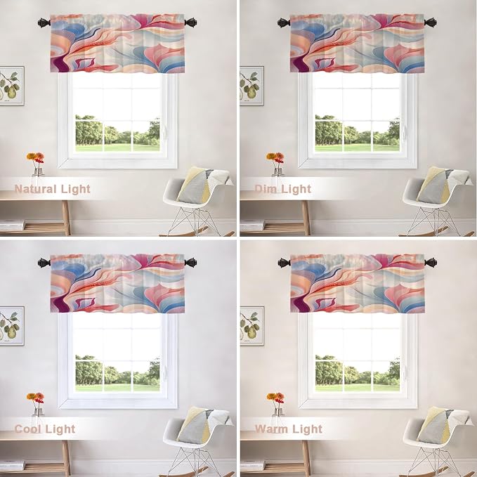 Shrahala Colorful Waves Blackout Short Curtains for Windows, Fluid Abstract Pattern Kitchen Valance Thermal Insulated Rod Pocket Window Treatment for Bathroom 2 Pack 52 X 18 in