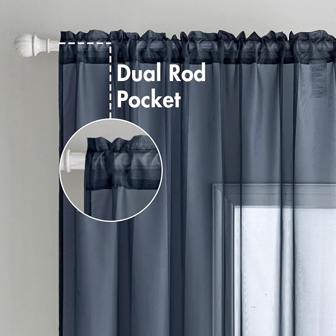 MIULEE 2 Panels Navy Blue Sheer Curtains 96 inches Long Window Curtains Rod Pocket Elegant Window Voile Panels/Drapes/Treatment for Bedroom Living Room (54X96 Inches)