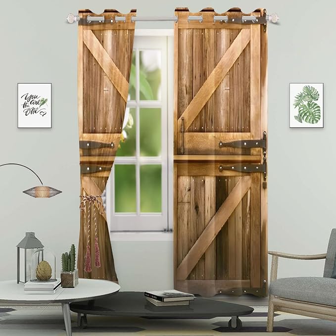 Vintage Wooden Door Window Curtains Rustic Yellow Brown Barn Door Curtains Old Garage Door Rural Style Window Drapes American Native Country Farmhouse Window Treatment,26x84 inch,2 Panels