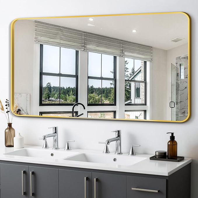 Delma Bathroom Vanity Mirror, Black Framed Bathroom Mirror for Over Sink, High-Definition Bathroom Mirror, Versatile Bathroom Vanity Mirror, Hangs Horizontally or Vertically(50x30, Gold)