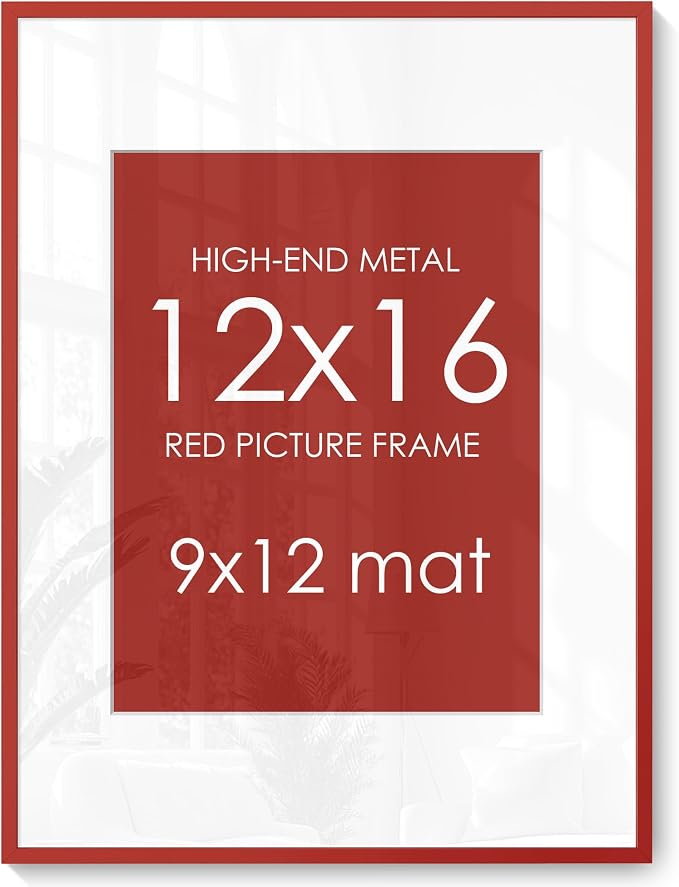 FLYJOE 12x16 Picture Frame for 9x12 Photo, Minimalist Aluminum Frame, Red | Sleek Metal Frame for Wall, Desk & Gift | Shatterproof Glass & Hardware