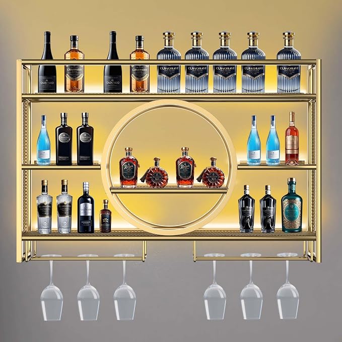 Metal Wine Rack Wall Mounted with LED Light, 3-Tier Bar Liquor Shelf with Wine Glass Holder, Modern Large Capacity Liquor Bottle Display Storage Shelf for Home Bar, Dining Room(Gold, 120 * 80 * 15)
