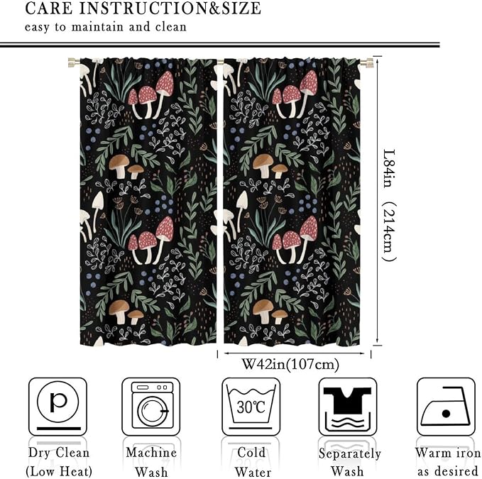 Mushroom Curtains, Cartoon Green Leaves Mushroom Wildflower Plant Botanical Boho Herb Nature Garden Print Blackout Window Drapes for Living Room Kids Bedroom 84x84in