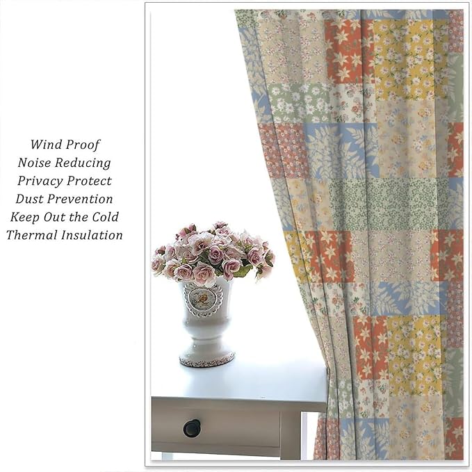 Boho Patchwork Floral Blackout Curtains Pieced Patchwork Plaid Design Farmhouse Yellow Print Window Drapes for Bedroom Living Room Kitchen Cafe （W42xL84 Inch） x2 Panels