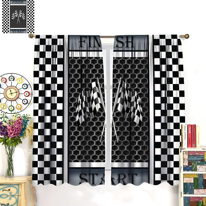 Race Car Flag Curtain,Boy Kid Black White Checkered 4D Grey Honeycomb Modern Geometric Window Curtains Cafe Dining Room Office Living Room Kitchen Bedroom Drapes, 42x54 in