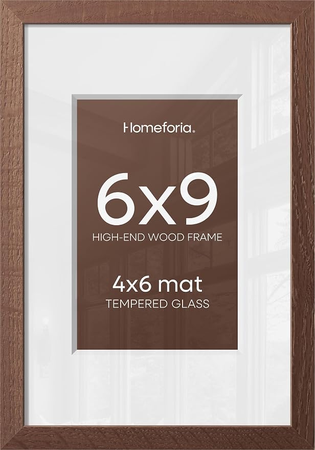 Homeforia 6x9 Picture Frame Brown Wood, High End Dark Oak 6x9 Walnut Wooden Frames with Mat 4x6 Photo, 6 x 9 Frame Matted to 4 x 6 Print, 9x6 Wall or Tabletop Frame, Tempered Glass, Wall Kit, Set of 2