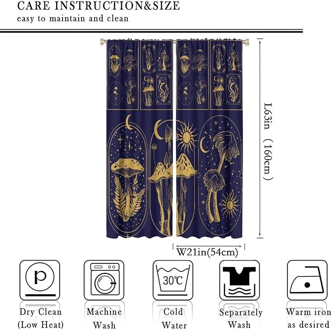 Mushroom Curtains,Boho Style Mystical Plant Sun Moon Print Window Treatments for Bedroom Living Room Kitchen Purple Herbs Window Drapes 2 Panels Set,Total Size 42 x 63 Inch