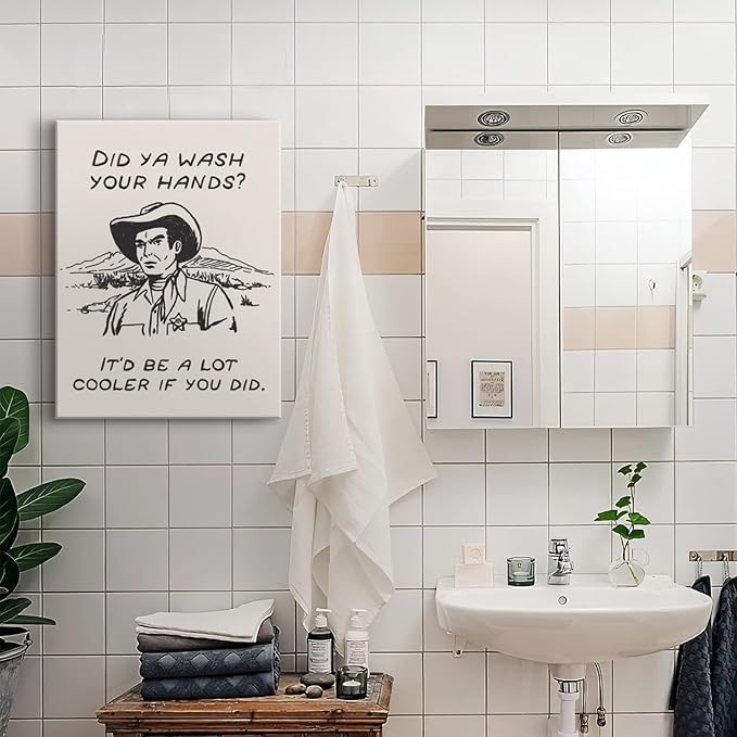 Framed Retro Black and White Cowboy Kitchen Wall Art Did You Wash Your Hands Canvas Prints Cute Bathroom Humor Pictures Trendy Decor Posters Paintings Western Home Wall Decor (12x16in Framed)