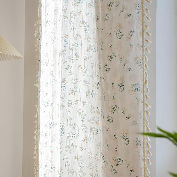 OYX Boho Curtains 96 Inch Length 2 Panels for Living Room, Bedroom Light Filtering Drapes, Farmhouse Vintage Country French Rustic Tassels Pattern Rod Pocket Aesthetic Decor Window Treatments