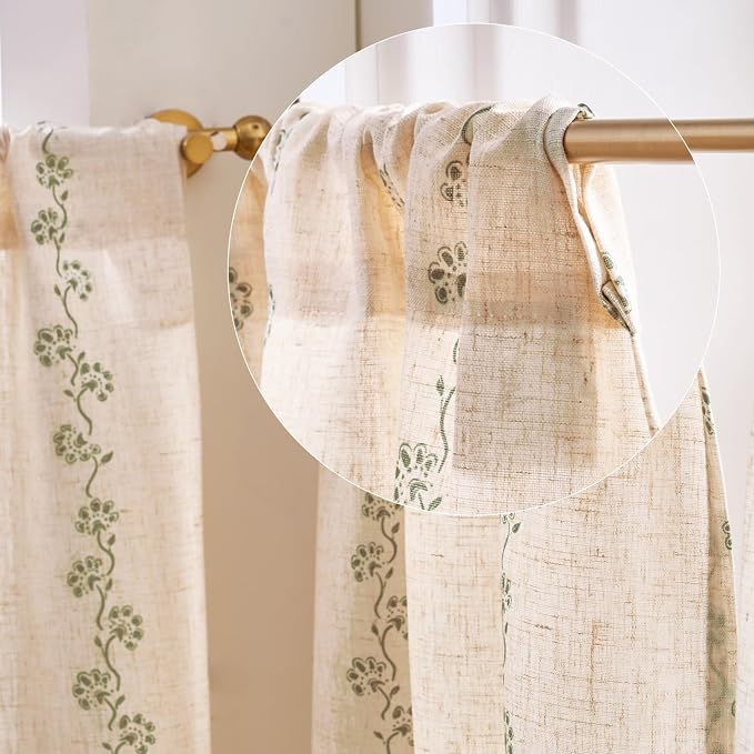 jinchan Katy Linen Floral Kitchen Curtains 30 Inches Length Stripe Cafe Curtains Farmhouse Cottagecore Tier Small Window Drapes for Living Room Light Filtering Rod Pocket 2 Panels Sage Green on Linen