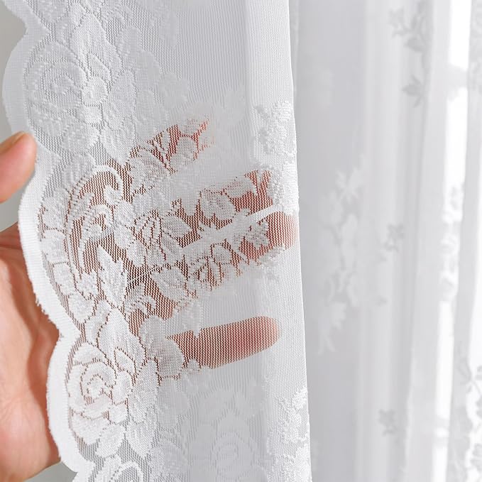 Kotile White Lace Curtains 90 Inches Long for Bedroom, Country Rustic Sheer Lace Curtains 2 Panels, Rod Pocket Privacy Lace Window Curtains, 52 x 90 Inch, White